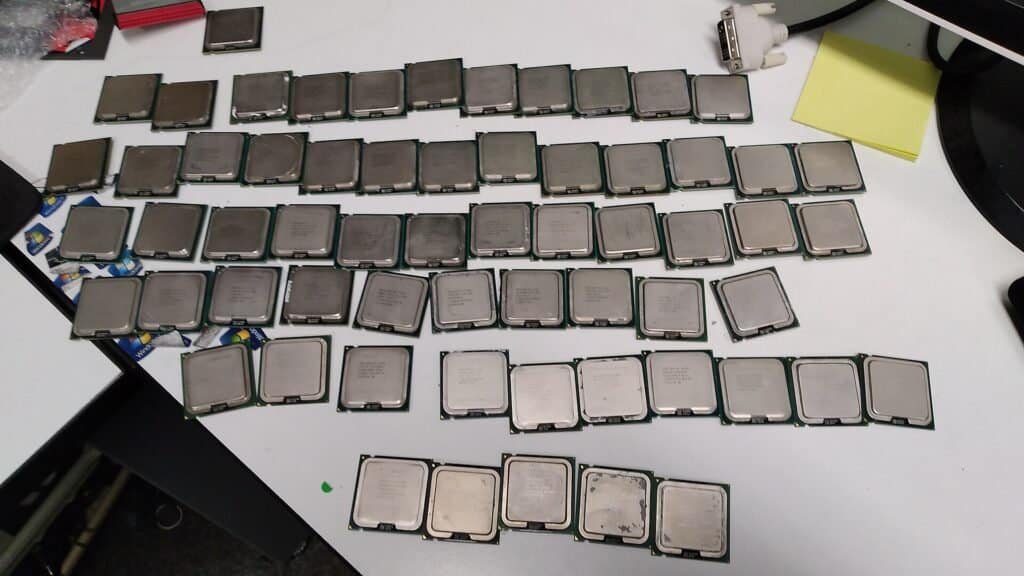Close-up of computer processor chips, illustrating hardware behind AI model quantization