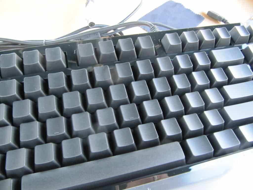 Close-up photograph of a black mechanical computer keyboard