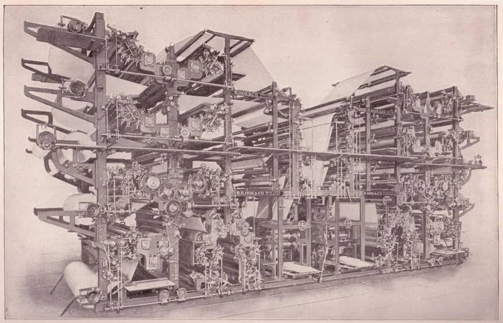 A large double octuple newspaper printing press, representing the machinery behind published article content and its structured data markup