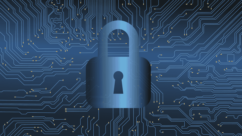 A padlock superimposed over a blue circuit board, representing locked-down CI pipeline permissions