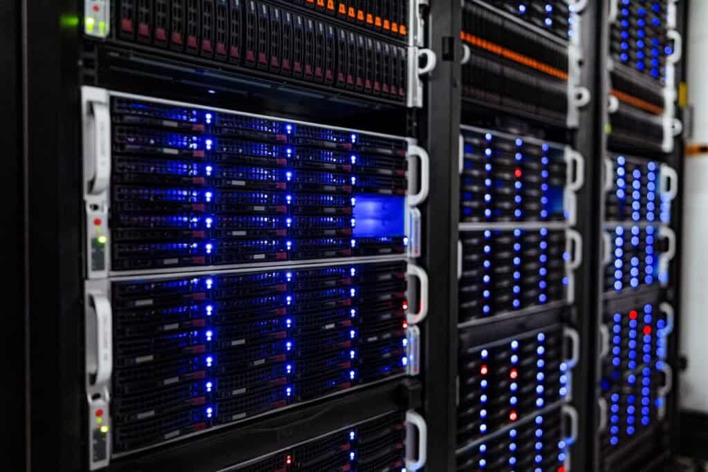 Server racks in a data center, relevant to crawler and bot traffic