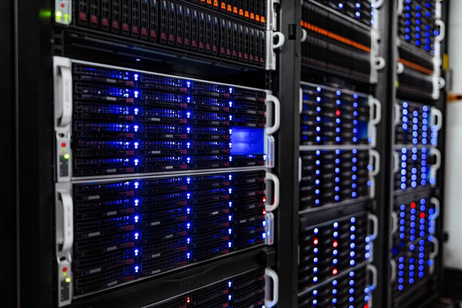 Server racks in a data center, relevant to crawler and bot traffic